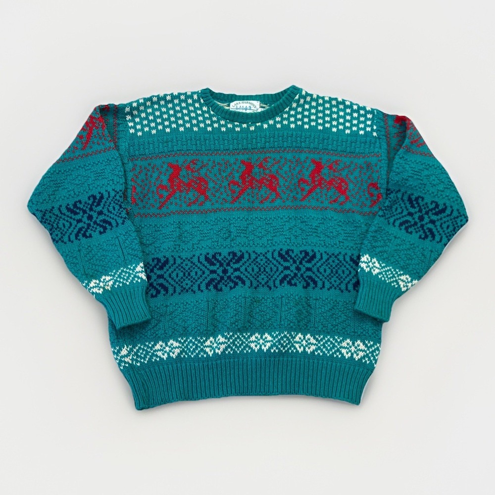 Vintage Lake Harmony Sweater Mens L Knit Crewneck 90s Cotton Fair Isle Teal